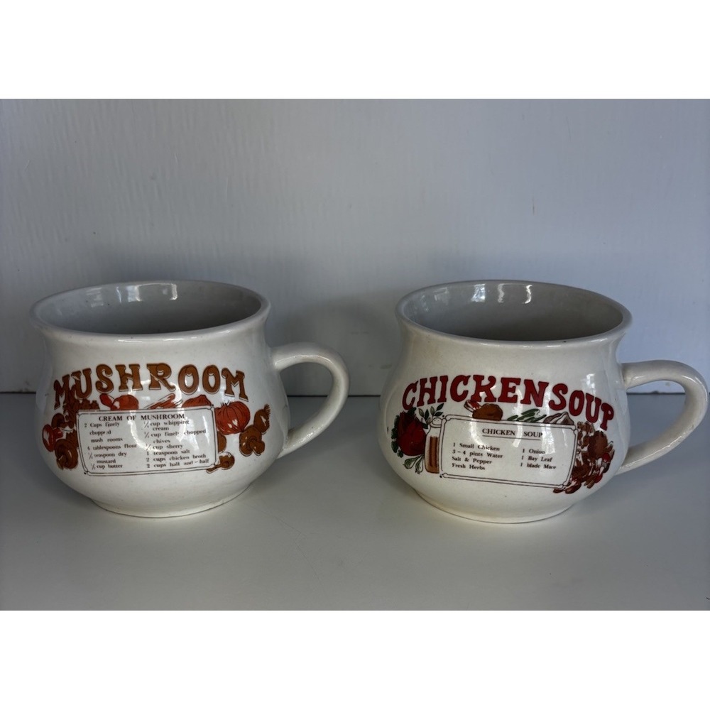 🥫Vintage Mushroom&Chicken Soup Recipe Mug‎ with Handle, Ceramic Soup Bowl/Mug